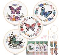 Homwiz Kit Bordado Completo, 4 Kits Bordado Principiantes Incluye 2 Bastidor Bambú para Bordar, Hilos Colores, Instruccion, Embroidery Kit Infantil Manualidades DIY (Mariposas y Corolas)