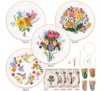Homwiz Kit Bordado Completo, 4 Kits Bordado Principiantes Incluye 2 Bastidor Bambú para Bordar, Hilos Colores, Instruccion, Embroidery Kit Infantil Manualidades DIY (Ramo de Lujo)