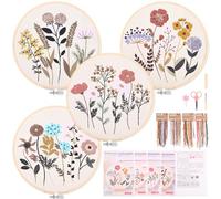 Homwiz Kit Bordado Completo, 4 Kits Bordado Principiantes Incluye 2 Bastidor Bambú para Bordar, Hilos Colores, Instruccion, Embroidery Kit Infantil Manualidades DIY (Flores floreciendo)