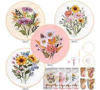 Homwiz Kit Bordado Completo, 4 Kits Bordado Principiantes Incluye 2 Bastidor Bambú para Bordar, Hilos Colores, Instruccion, Embroidery Kit Infantil Manualidades DIY (Florescencia)