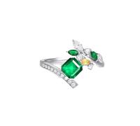 Homxi Anillo Alianza Oro Blanco Mujer 9 Kilates, Hoja con Esmeralda Creada de 0,97 ct y Moissanita, Anillos de Alianzas Plata Verde Mujer, Talla 16(56mm)