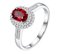Homxi Anillo Boda de Oro Blanco 14K Mujer, 4 Garras Oval con Rubí de 0,79ct y Diamante, Anillos Plata Rojo Compromiso Mujer, Tamaño 7(47mm)