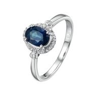 Homxi Anillo Boda Mujer Oro Blanco 9 Quilates, 4 Garras Oval con Zafiro de 0,79ct y Diamante, Anillos de Alianzas Plata Azul Mujer, Talla 18(58mm)
