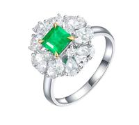 Homxi Anillo Boda Oro Blanco Mujer 18 Kilates, Flor y 4 Garras Cuadrado con Esmeralda de 0,64ct y Diamante, Anillos Promesa Mujer Plata Verde, Tamaño 21(61mm)