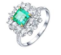Homxi Anillo Compromiso 14K Oro Blanco Mujer, Flor y 4 Garras Cuadrado con Esmeralda de 1,2ct y Diamante, Anillo de Boda Mujer Plata Verde, Tamaño 25(65mm)