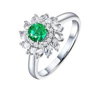 Homxi Anillo Compromiso 9K Oro Blanco Mujer, Flor y Redondo con Esmeralda de 0,52ct y Diamante, Anillos de Plata Verde Promesa Mujer, Talla 11(51mm)