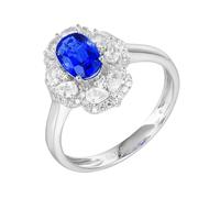 Homxi Anillo Compromiso de Oro Blanco 9 Kilates Mujer, Flor y Oval con Zafiro Creado de 1.12ct y Moissanita, Anillos Plata Azul Alianza Mujer, Talla 20(60mm)