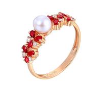 Homxi Anillo de Boda de Oro Rosa 18K Mujer, Perla y Gota de Agua con Rubí Creado de 0.42ct y Moissanita, Anillos Mujer Compromiso Oro Rosa, Talla 18(58mm)