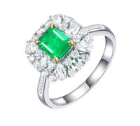 Homxi Anillo de Boda Mujer Oro Blanco 14K, 4 Garras Cuadrado con Esmeralda de 0,75ct y Diamante, Anillo Alianzas Plata Verde Mujer, Talla 8(48mm)