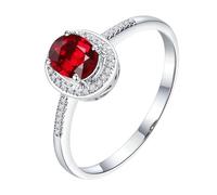 Homxi Anillo de Boda Oro Blanco 9 Kilates Mujer, 4 Garras Oval con Rubí de 0,42ct y Diamante, Anillo Alianza Plata Rojo Mujer, Talla 17(57mm)