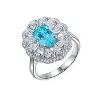 Homxi Anillo de Mujer Alianza de Oro Blanco 18K, Flor y Oval con Turmalina Paraiba Creada de 2.81ct y Moissanita, Anillo Plata Azul Lago Alianza Mujer, Talla 8(48mm)
