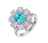 Homxi Anillo de Promesa Mujer Oro Blanco 18K, Flor y Oval con Turmalina Paraiba Creada de 3.19ct y Moissanita, Anillos Plata Azul Lago Rosa Alianza Mujer, Talla 21(61mm)