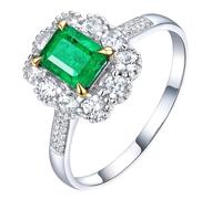 Homxi Anillo de Promesa Oro Blanco 14 Kilates Mujer, Flor y 4 Garras Rectángulo con Esmeralda de 0,93ct y Diamante, Anillos de Eternidad Plata Verde Mujer, Talla 23(63mm)