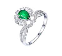 Homxi Anillo de Promesa Oro Blanco 9 Kilates Mujer, Corona y Gota de Agua con Esmeralda de 0,57ct y Diamante, Anillo Boda Plata Verde Mujer, Talla 18(58mm)