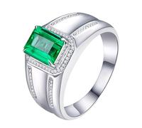 Homxi Anillo de Promesa Oro Blanco 9K Hombre, 4 Garras Rectángulo con Esmeralda de 1,5ct y Diamante, Anillos Plata Verde Boda Hombre, Talla 30(70mm)