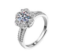 Homxi Anillo Mujer de Boda Oro Blanco 14K, Flor e 4 Garras Redondo con Diamante Creado de 1ct, Anillo Eternidad Mujer Plata, Talla 14(54mm)