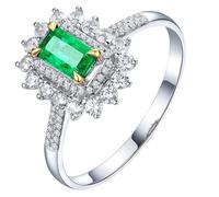 Homxi Anillo Mujer de Promesa Oro Blanco 18K, Flor y 4 Garras Rectángulo con Esmeralda de 0,4ct y Diamante, Anillo de Alianza Mujer Plata Verde, Tamaño 23(63mm)