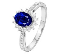 Homxi Anillo Promesa Mujer Oro Blanco 18 Quilates, Flor y Oval con Zafiro Creado de 1.05ct y Moissanita, Anillos de Compromiso Plata Azul Mujer, Talla 18(58mm)