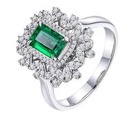 Homxi Anillo Promesa Oro Blanco Mujer 18 Kilates, Hojas y 4 Garras Rectángulo con Esmeralda de 0,79ct y Diamante, Anillos de Compromiso Plata Verde Mujer, Talla 25(65mm)