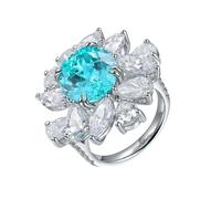 Homxi Anillos Compromiso Oro Blanco 18 Kilates de Mujer, Flor y Oval con Turmalina Paraiba Creada de 9.79ct y Moissanita, Anillo Boda Mujer Plata Azul Lago, Talla 8(48mm)