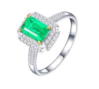 Homxi Anillos Compromiso Oro Blanco 9K Mujer, 4 Garras Rectángulo con Esmeralda de 1,4ct y Diamante, Anillo de Promesa Plata Verde Mujer, Tamaño 13(53mm)