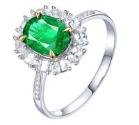 Homxi Anillos de 950 Platino Mujer Promesa, 4 Garras Oval con Esmeralda de 1,15ct y Diamante, Anillo Compromiso Mujer Plata Verde, Talla 18(58mm)