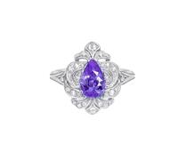 Homxi Anillos de Compromiso Oro Blanco 18 Kilates Mujer, Gota de Agua con Espinela Púrpura y Diamante, Anillos Boda Plata Púrpura Mujer, Talla 21(61mm)