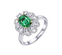 Homxi Anillos de Compromisos Oro Blanco 18K para Mujer, Flor y 4 Garras Oval con Esmeralda de 1,15ct y Diamante, Anillos de Eternidad Plata Verde Mujer, Talla 18(58mm)