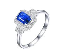 Homxi Anillos de Oro Blanco Mujer 14 Kilates Promesa, 4 Garras Rectángulo con Zafiro de 0,79ct y Diamante, Anillo Eternidad Plata Azul Mujer, Talla 21(61mm)
