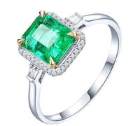 Homxi Anillos de Promesa Mujer Oro Blanco 18K, 4 Garras Rectángulo con Esmeralda de 1,47ct y Diamante, Anillos de Compromiso Plata Verde Mujer, Tamaño 7(47mm)