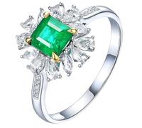 Homxi Anillos de Promesa Mujer Oro Blanco 9K, Flor y 4 Garras Cuadrado con Esmeralda de 0,79ct y Diamante, Anillos Mujer Alianzas Plata Verde, Tamaño 16(56mm)