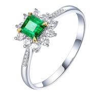 Homxi Anillos Mujer Boda de Oro Blanco 18K, Flor y 4 Garras Cuadrado con Esmeralda de 0,42ct y Diamante, Anillos de Plata Verde Eternidad Mujer, Tamaño 7(47mm)