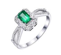 Homxi Anillos Mujer Boda Oro Blanco de 18 Kilates, 4 Garras Rectángulo con Esmeralda de 0,42ct y Diamante, Anillo de Promesa Mujer Plata Verde, Talla 18(58mm)