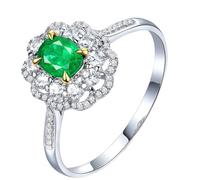 Homxi Anillos Mujer Compromiso Oro Blanco 9K, Flor y 4 Garras Oval con Esmeralda de 0,33ct y Diamante, Anillos de Plata Verde Promesa Mujer, Talla 17(57mm)