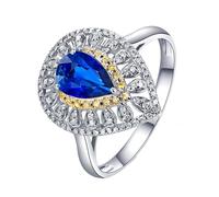 Homxi Anillos Mujer de Matrimonio de Oro Blanco y Oro Amarillo de 9K, Gota de Agua con Zafiro de 0,6ct y Diamante, Anillos Mujer Alianzas Plata Azul, Tamaño 8(48mm)