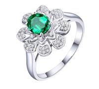 Homxi Anillos Mujer de Oro Blanco 18 Kilates Alianza, Flor y Oval con Esmeralda de 0,6ct y Diamante, Anillos Promesa Plata Verde Mujer, Tamaño 7(47mm)