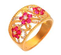 Homxi Anillos Mujer de Promesa de Oro de 14K, Hueco y Flor con Rubí Creado de 0.75ct y Moissanita, Anillos de Oro Rojo Mujer, Talla 8(48mm)