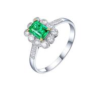 Homxi Anillos Mujer Eternidad Oro Blanco 14 Kilates, Flor y 4 Garras Rectángulo con Esmeralda de 0,63ct y Diamante, Anillos Promesa de Mujer Plata Verde, Talla 12(52mm)