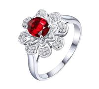 Homxi Anillos Mujer Oro Blanco 18 Kilates Promesa, Flor y Oval con Rubí de 0,6ct y Diamante, Anillos de Alianzas Mujer Plata Rojo, Talla 13(53mm)