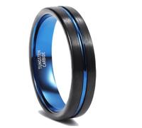 Homxi Anillos Personalizados Tungsteno para Hombre, 4MM Redondo Cepillado con Ranuras, Anillos de Matrimonio Azul Negro para Hombre Tamaño 9(49mm)