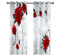 Homxi Cortinas Comedor 2 Piezas,2 x 107W x 214H CM,Cortina Dormitorio Opaca Rojo Gris Flor de Rosa y Mariposa Cortina Salon Ojales
