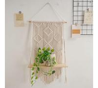 Homxi Macramé Tapiz Pared 40x70cm,Tapiz Macrame con Estante Madera con Borlas Tejidas Tapices Tejidos Beige