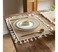 Homxi Mantel Individual Pack 8,30 x 45 CM,Individuales Mesa Lino Color Sólido con Borlas Mantel Individual Rectangular Antimanchas Marrón Beige