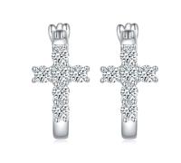 Homxi Oro Blanco 14 Kilates 585 Pendientes Mujer, Cruz de 2,5 MM con Moissanita de 0,72 ct, Pendientes Boda Mujer de Aros Plata