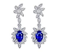 Homxi Pendientes de Mujer de Oro Blanco 18 Kt, Flor y Oval con Zafiro Creado de 1ct y Diamante, Pendientes Boda Mujer que Cuelguen Plata Azul