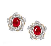 Homxi Pendientes de Mujer Oro Amarillo de 18 Kt, Flor y Oval con Rubí de Sangre de Paloma y Diamante, Pendientes de Mujer Oro Rojo