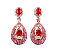 Homxi Pendientes de Mujer Oro Rosa de 9Kilates, Gota de Agua con Rubí Creado de 2.14ct y Moissanita, Pendientes Mujer Boda que Cuelgan Oro Rosa