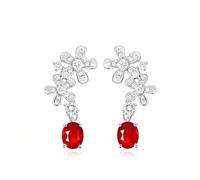 Homxi Pendientes de Oro Blanco 9Kilates para Mujer, Flor y Oval con Rubí de Sangre de Paloma de 0.7ct y Diamante, Pendientes Boda de Mujer Plata Rojo
