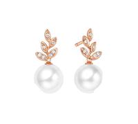 Homxi Pendientes Oro Rosa Mujer 14Kt, Hojas y Perla de 7.5-8MM con Diamante de 0.06ct, Pendientes Mujer Boda que Cuelgan Oro Rosa