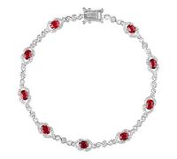 Homxi Pulsera Oro Blanco 14K Mujer, Corazón Hueco y Oval con Rubí Creado de 2,3 ct y Moissanita, Cadena 17 CM, Pulseras Mujer Plata Rojo
